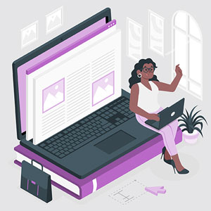 Ilustração de uma professora segurando um laptop. Ela está apoiada em outro laptop gigante que compõe o cenário de fundo.