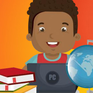 Ilustração de uma professora segurando um laptop. Ela está apoiada em outro laptop gigante que compõe o cenário de fundo.