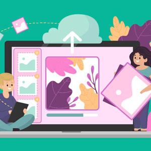 Ilustração de dois jovens sorridentes junto a uma tela gigante de computador e estão manipulando partes da interface simulando imagens.