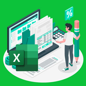 Ilustração lúdica de um jovem em pé segurando um lápiz gigante observando a sua frente planilhas do Excel também gigantes.