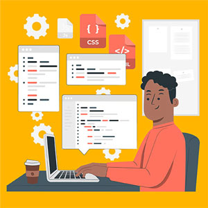 Ilustração com jovem sorridente trabalhando em um laptop.