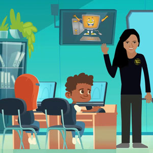Ilustração de uma professora atuando em sala de aula.
