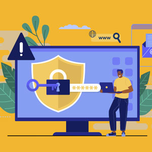 Ilustração de um jovem em pé segurando um laptop e a sua frente um monitor gigante de computador.