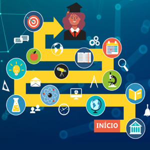 Ilustração de uma professora segurando um laptop. Ela está apoiada em outro laptop gigante que compõe o cenário de fundo.